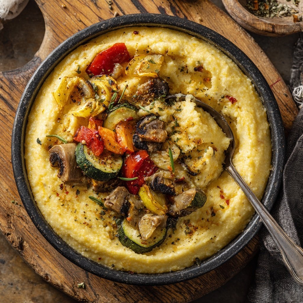Abendessen mit cremiger Polenta und Gemüse