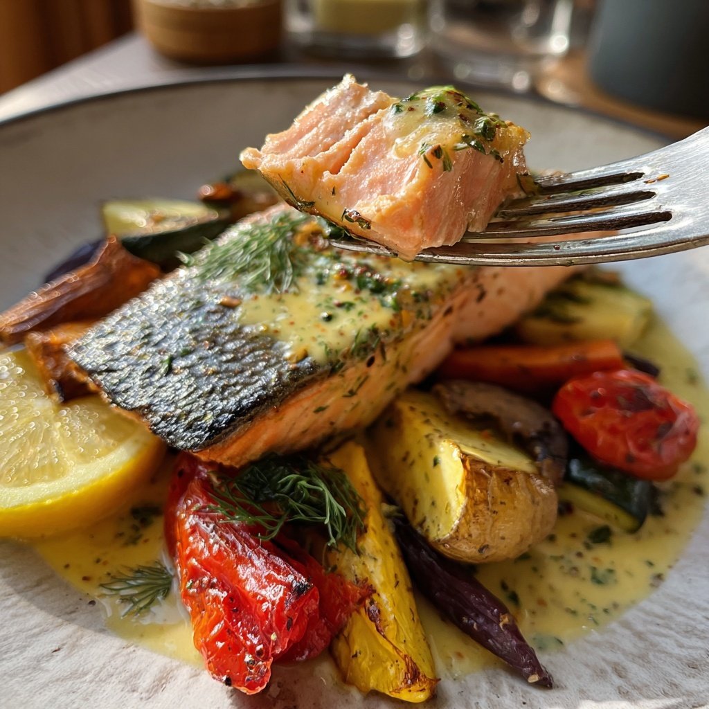 Lachs mit Ofengemüse & Zitronen-Dill-Sauce